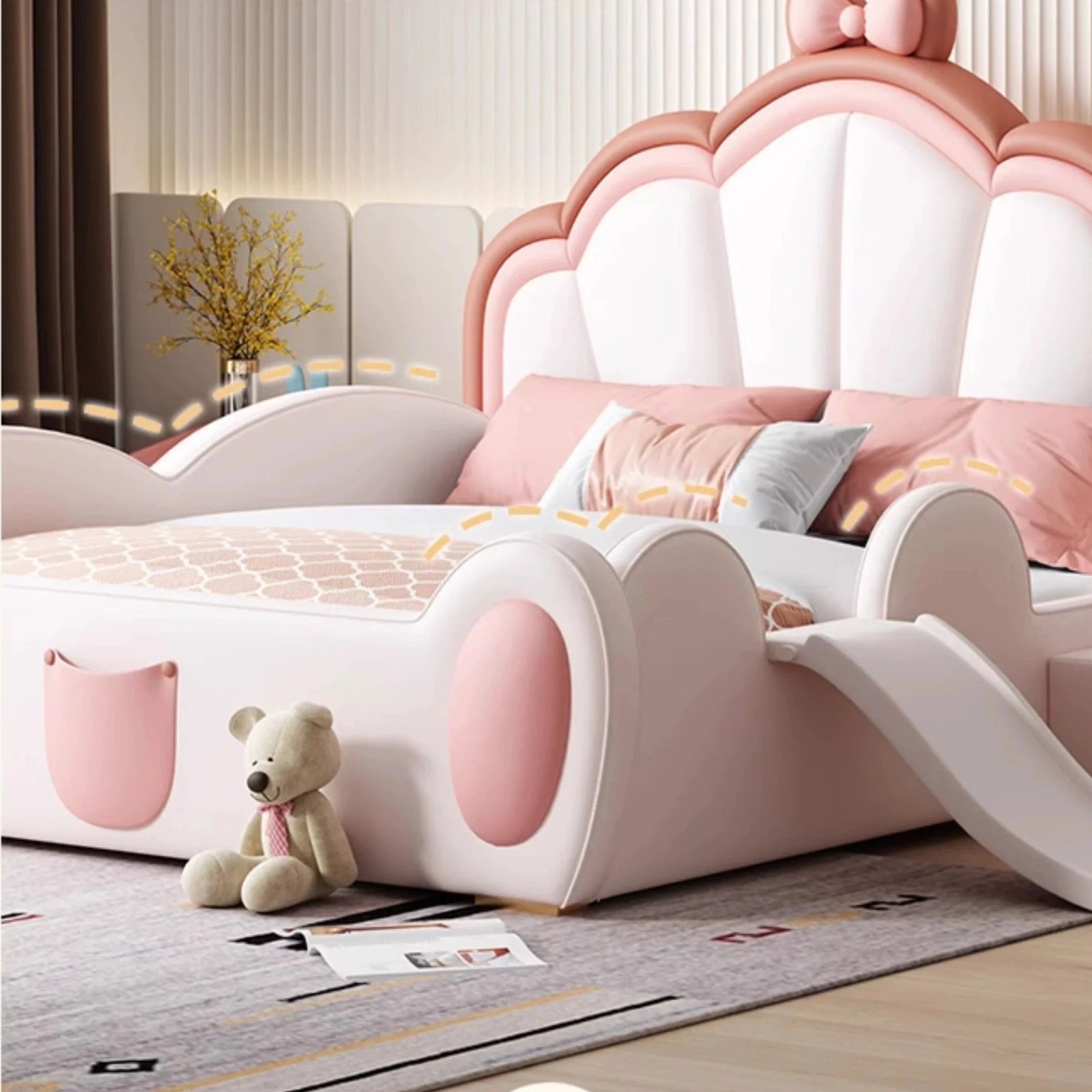 MORNING FOREST Isabella Modern Castle Crib with Slide and Bow Fence - Image 4