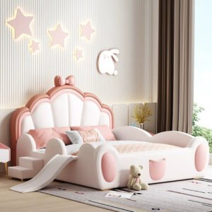 MORNING FOREST Isabella Modern Castle Crib with Slide and Bow Fence